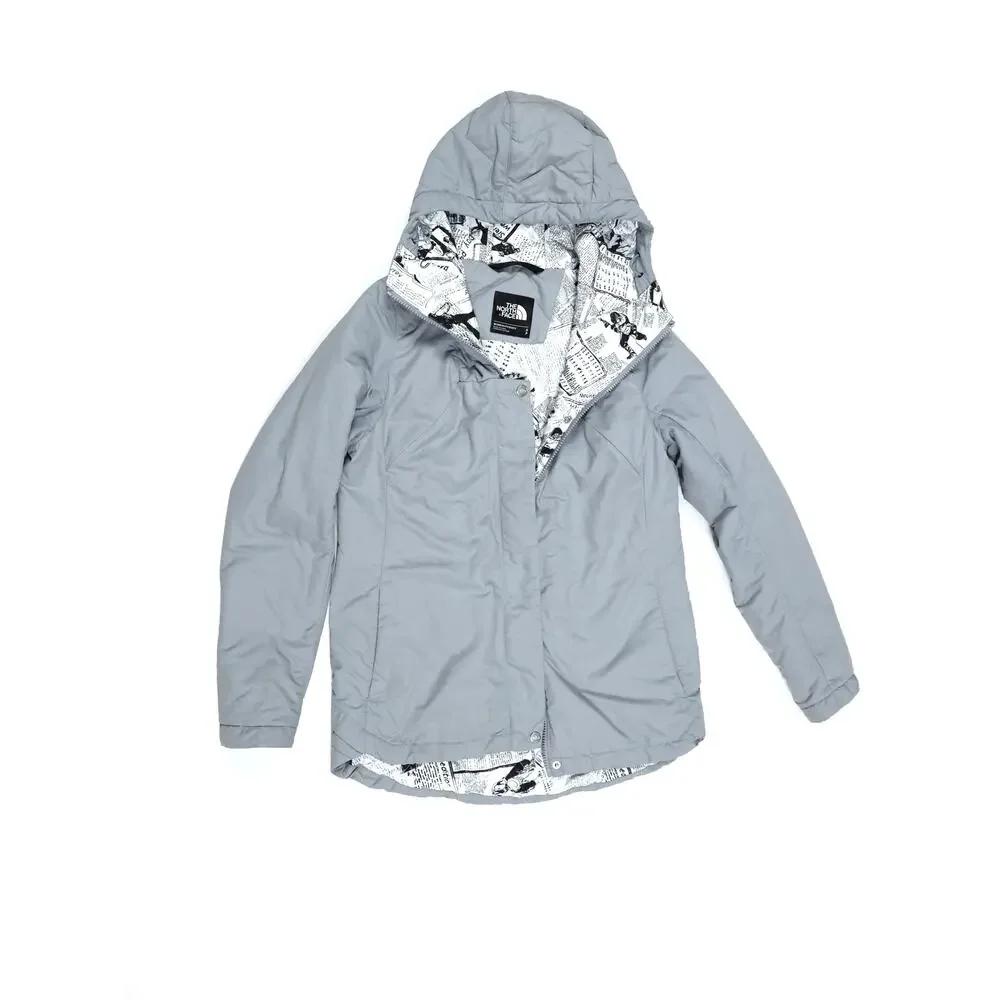 Rare The North Face Gray Hooded Insulated Jacket Newspaper Print Lining Gorpcore